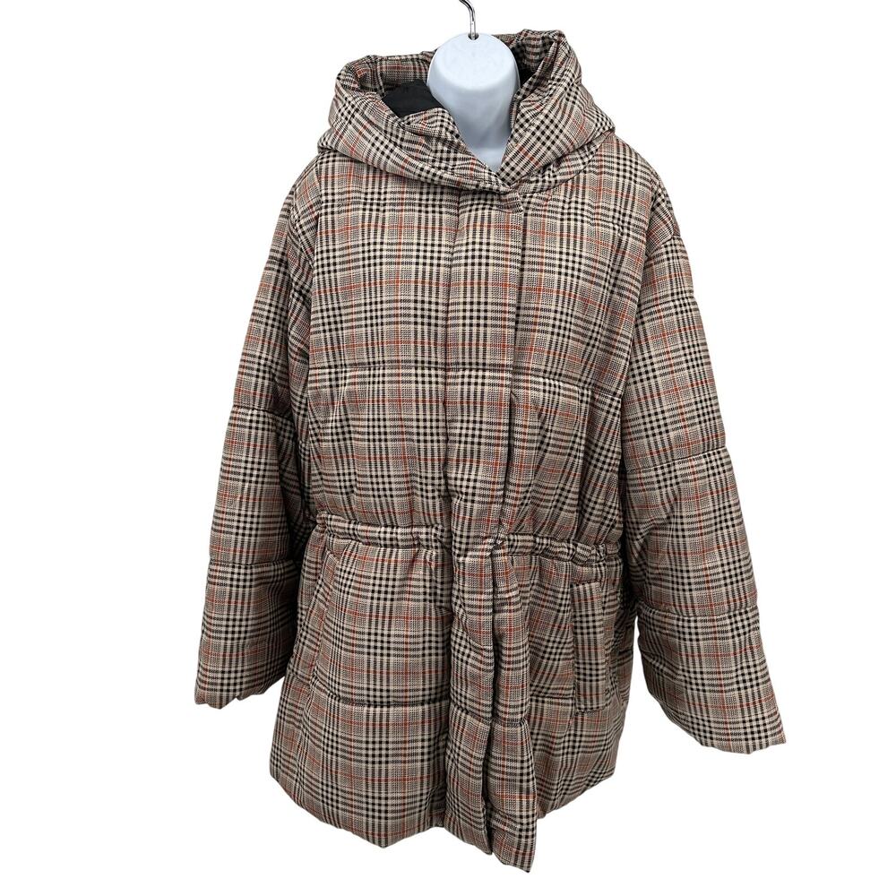 Ava & Viv Mid Length Puffer Jacket SZ 1X Tan Black Orange Hooded Snap Full Zip